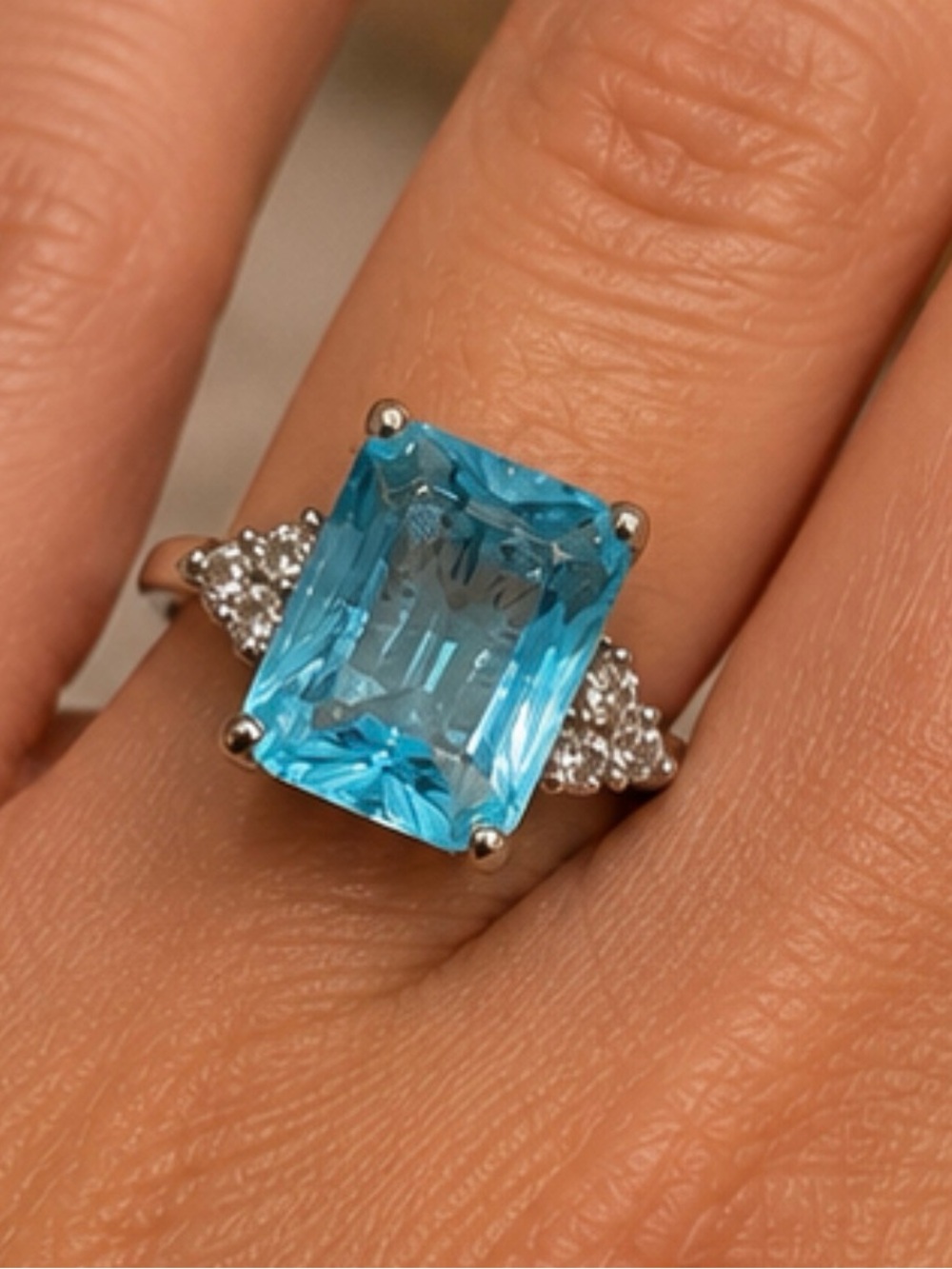 Emerald Cut Aqua Blue Statement Ring – Clear Accent Stones – 925 Sterling